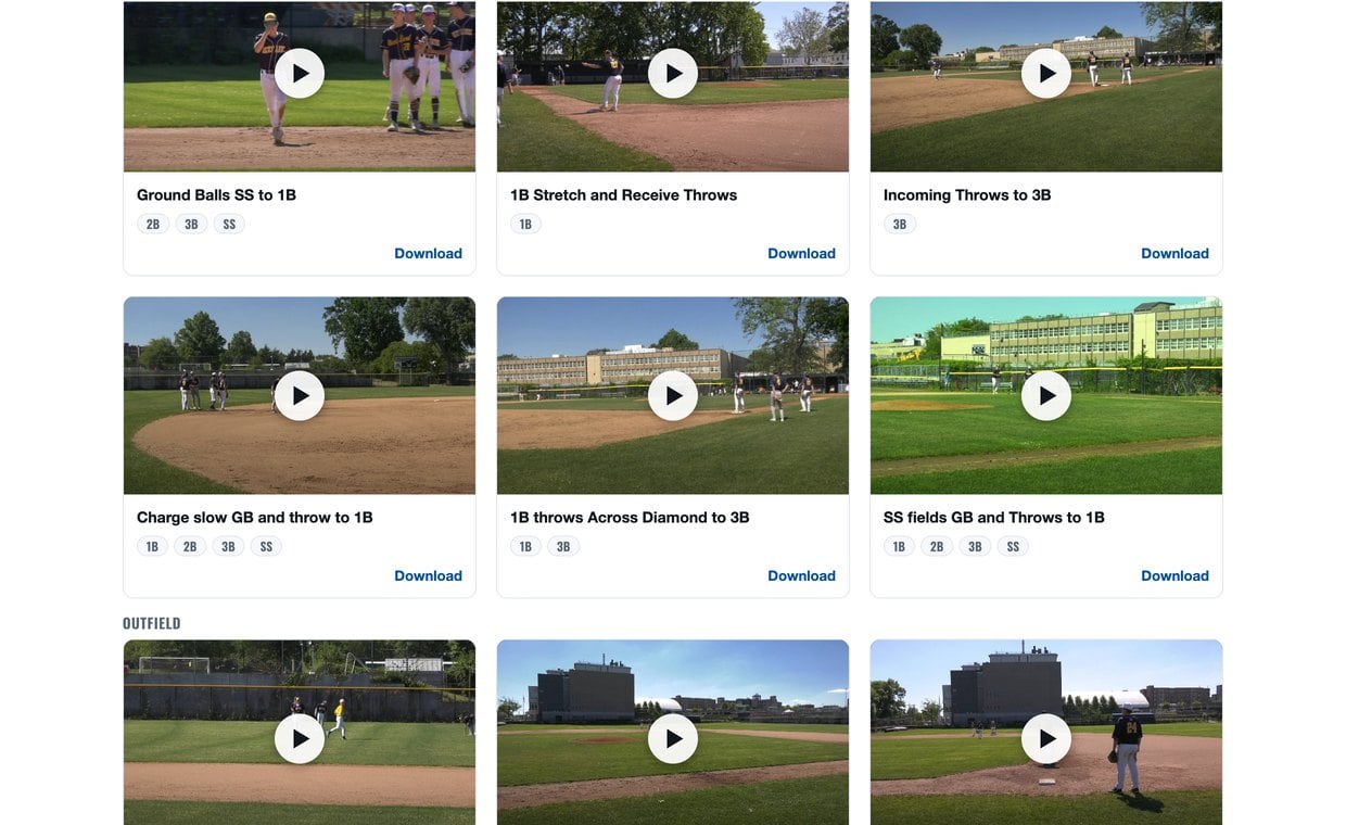 A live LI Sports Network showcase event page: game footage labeled by skill and tagged by position, free for families to download.