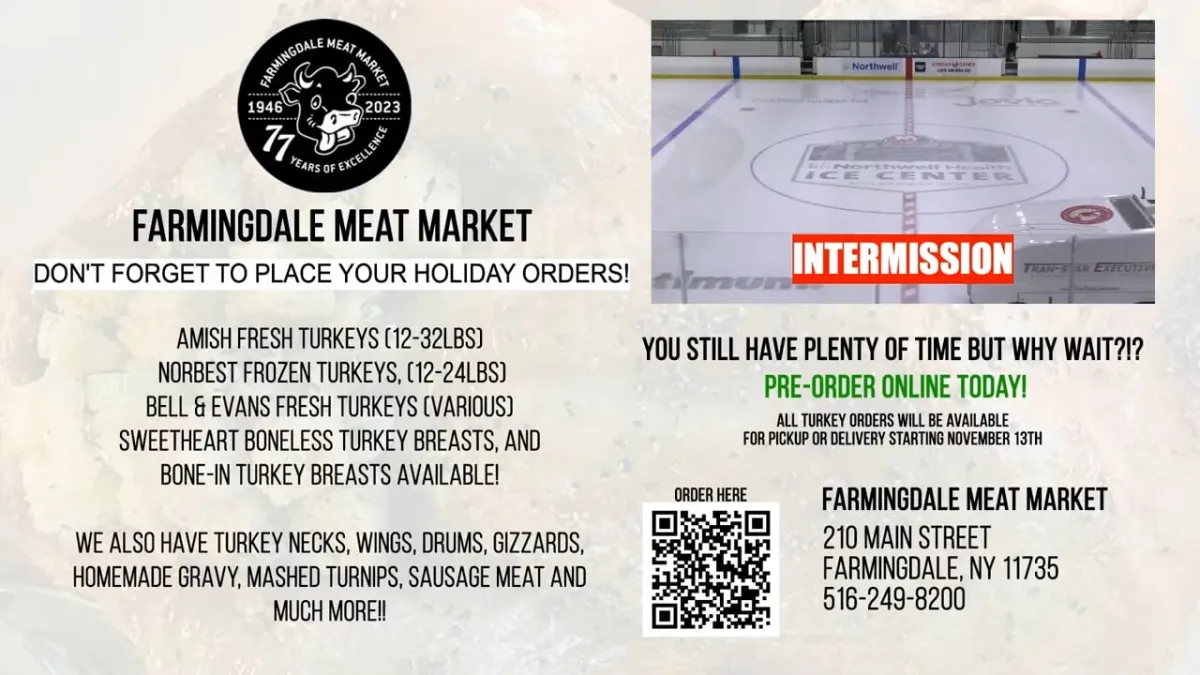 Broadcast frame: full-screen sponsor billboard at intermission with the live rink picture-in-picture