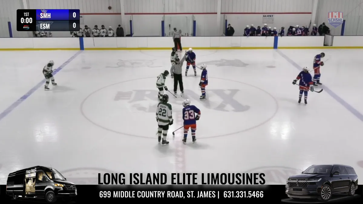 Broadcast frame: full-width sponsor lower-third banner with address and phone number during a SCHSHL faceoff