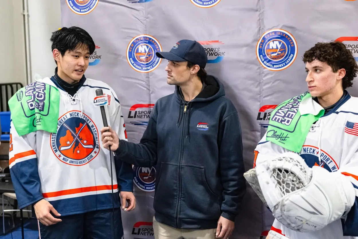 LI Sports Network post-game interview with two players in front of the league backdrop