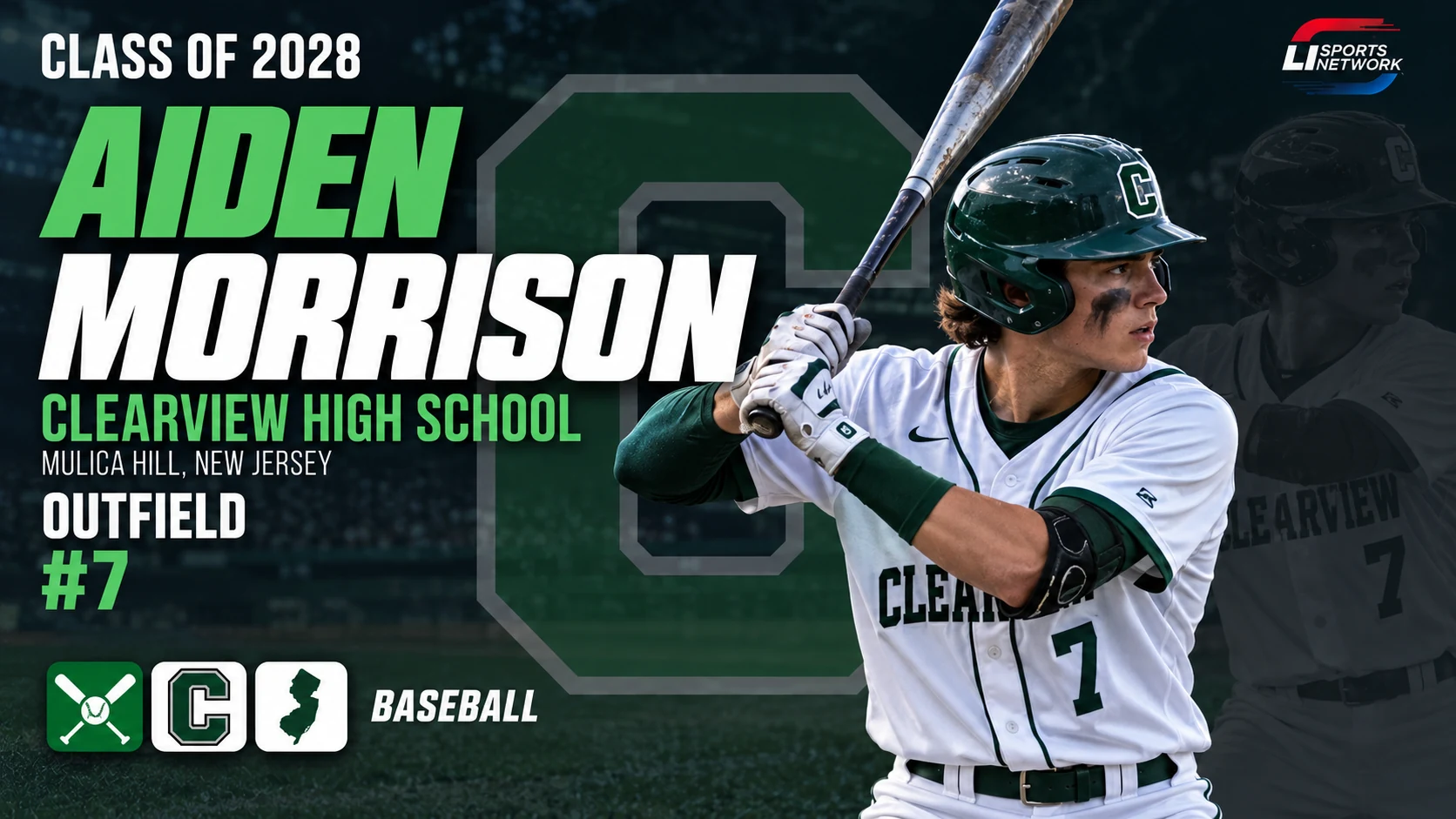 Baseball cover design with a fictitious player profile, graduation year, position and school affiliation