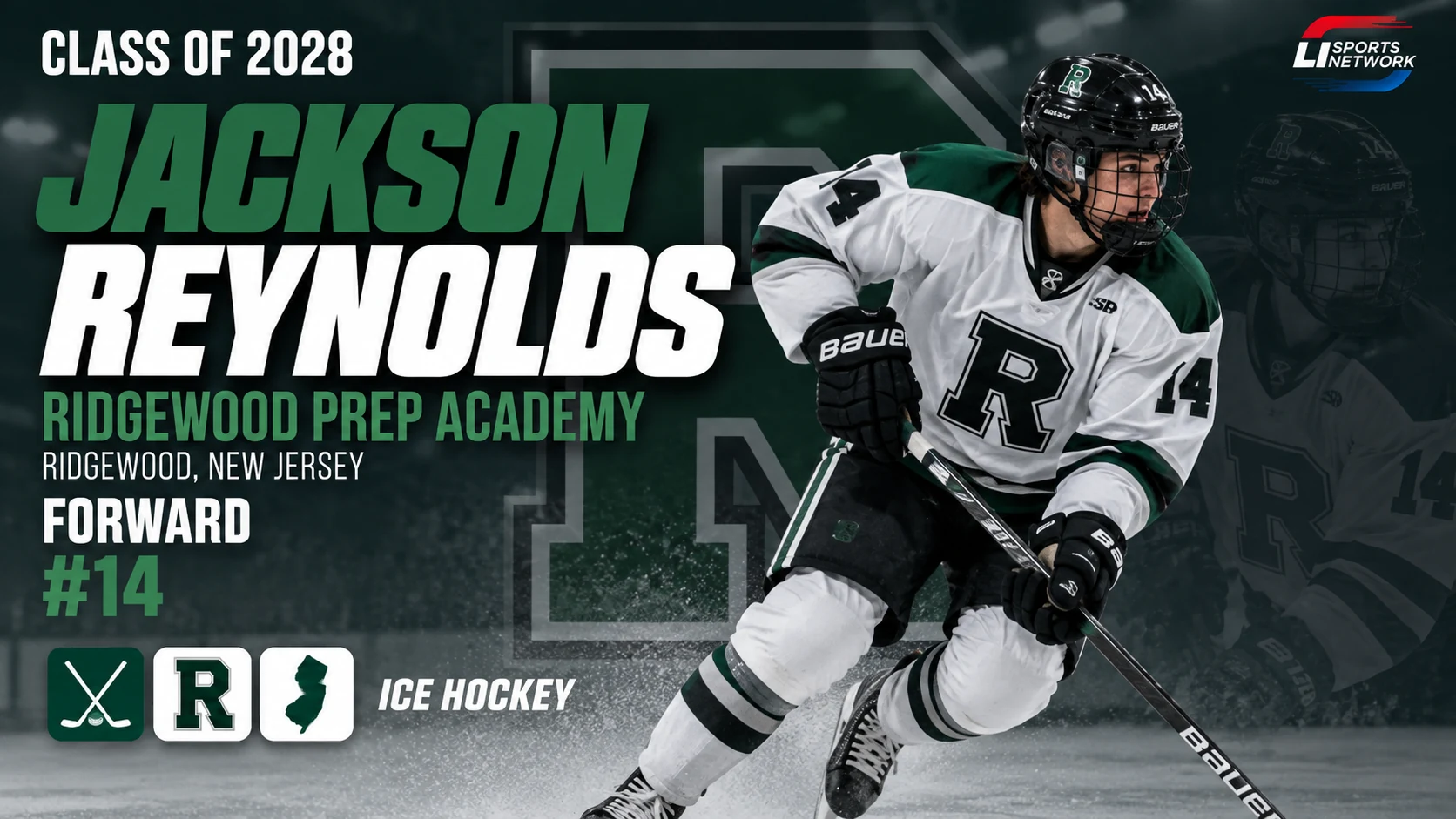 Hockey cover design with a fictitious player profile, graduation year, position and school affiliation
