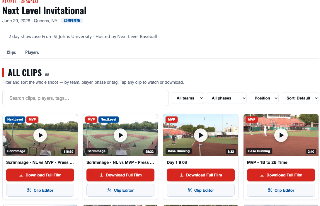 Your showcase page with All Clips, search, filters and Download buttons