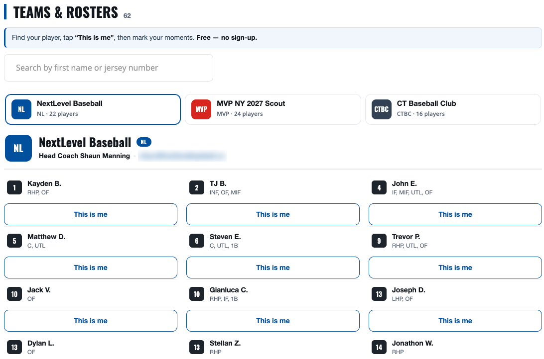 Teams and Rosters with search and This is me buttons